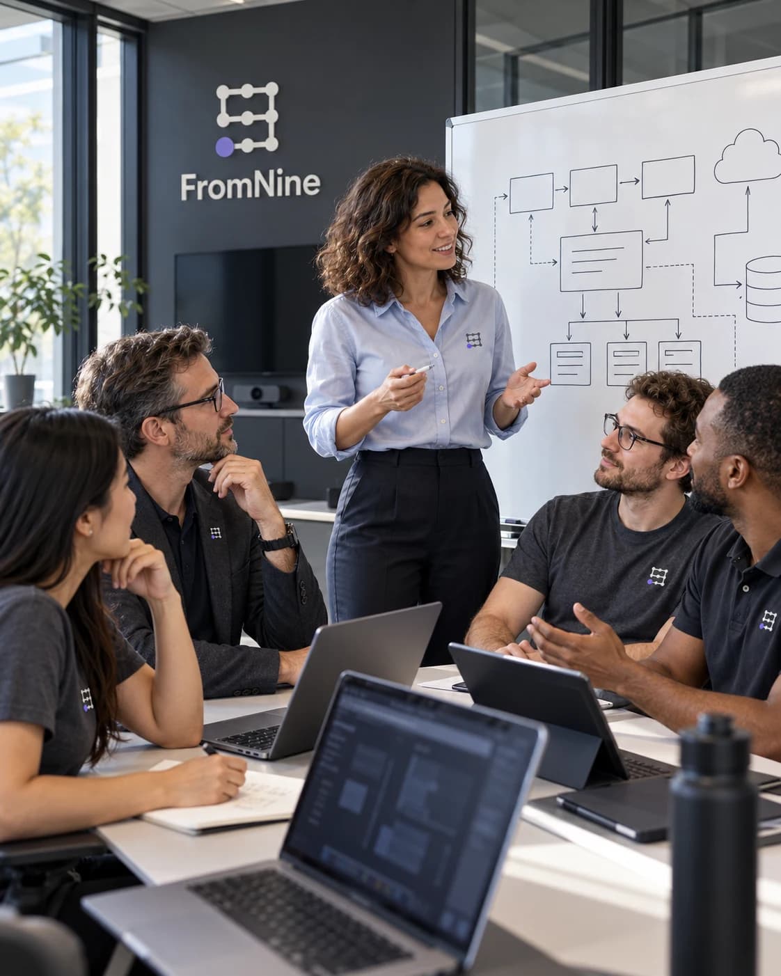 A FromNine team reviewing a plan together