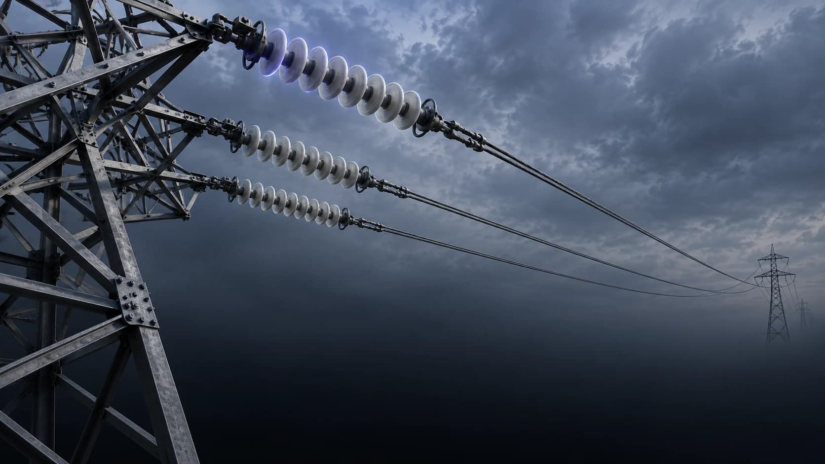 Insulator strings on a high-voltage pylon, with conductors running to distant towers under a dark sky