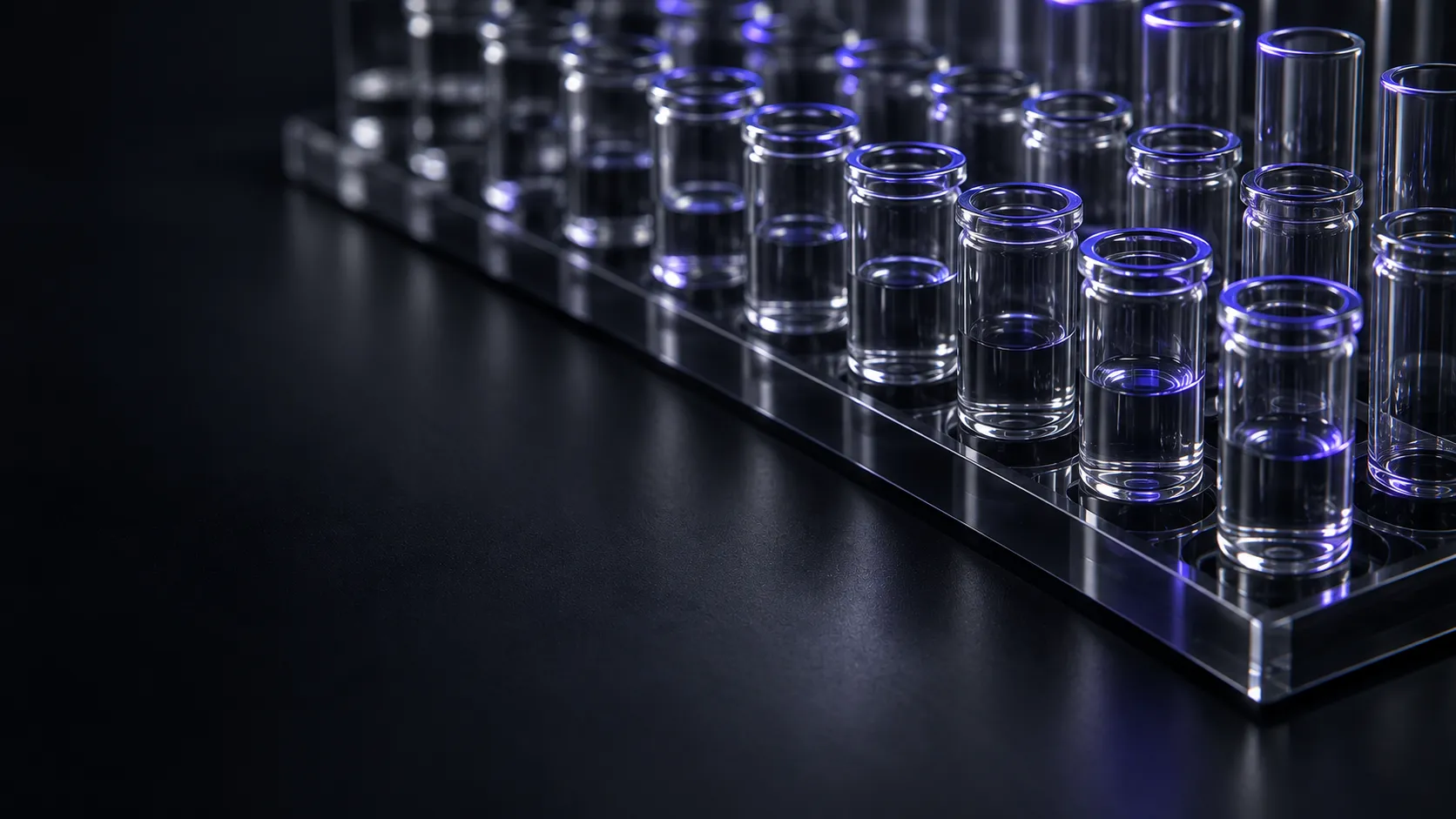 Rows of laboratory glassware arranged in a grid